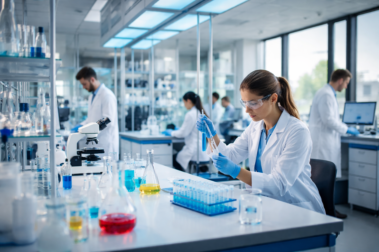 Researchers Working in Modern Biotech Lab