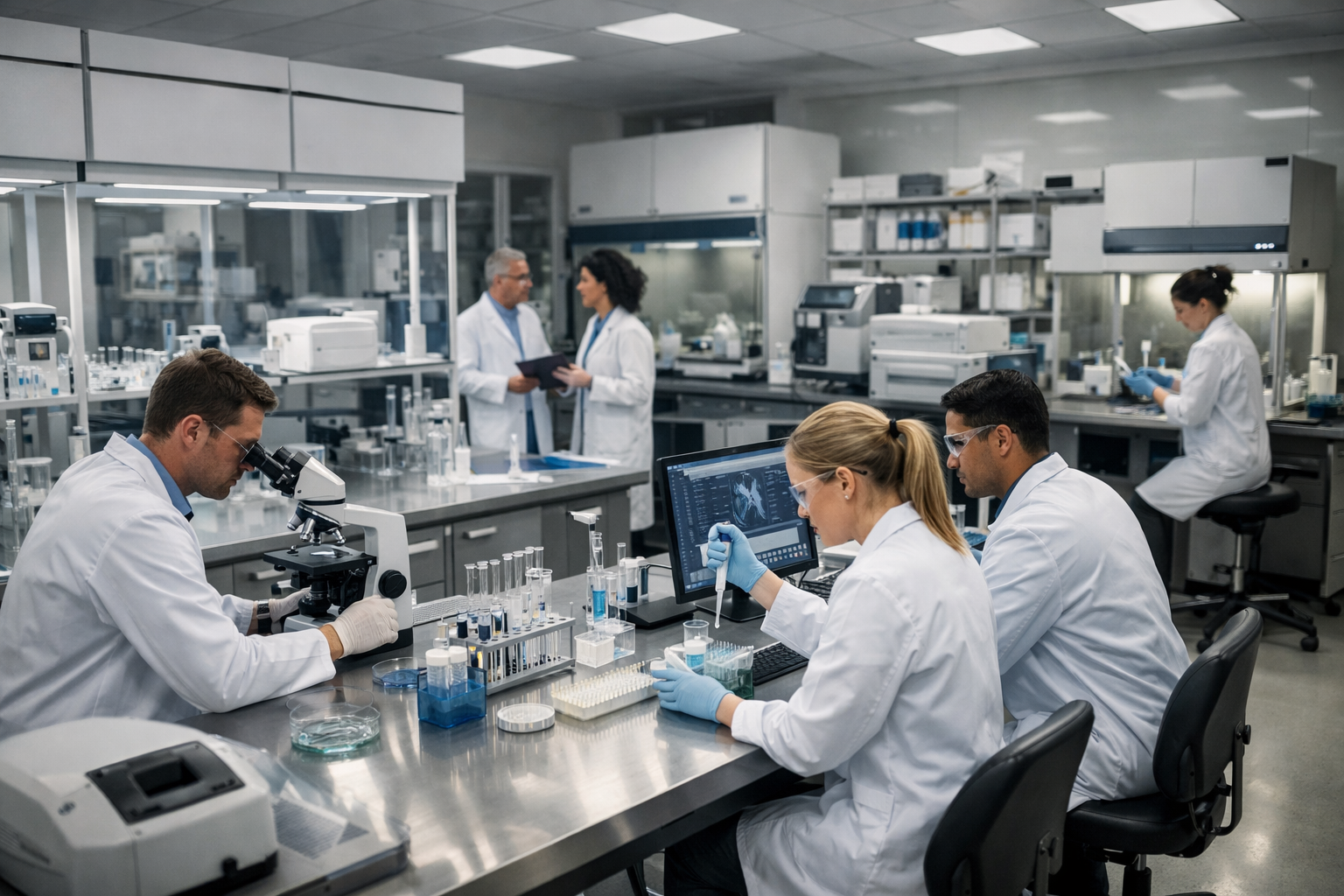 Scientists Working in Advanced Biotech Laboratory