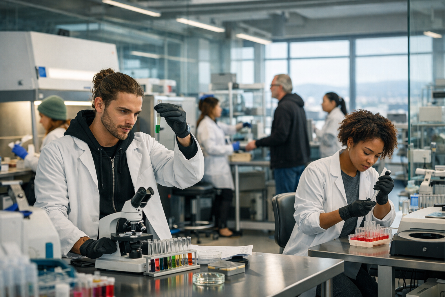 Scientists working in a shared nonprofit biotech incubator wet lab with modern equipment and collaborative workspaces