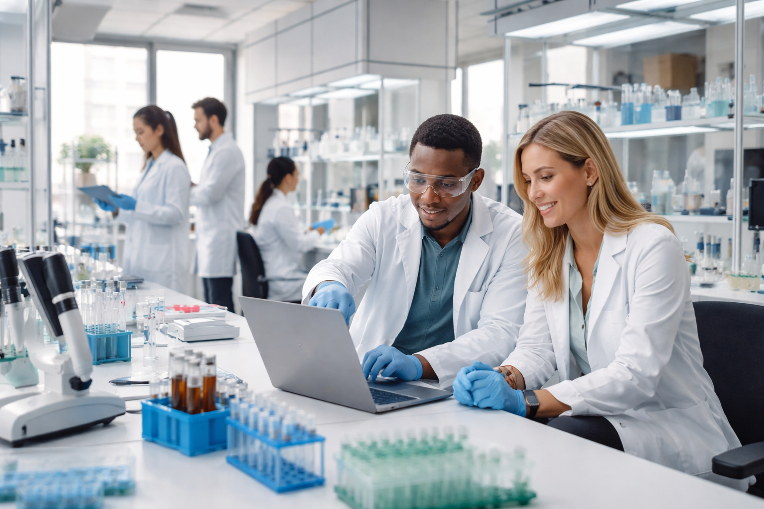 Scientists and startup founders collaborating in a modern, well-lit nonprofit biotech wet lab with advanced laboratory equipment