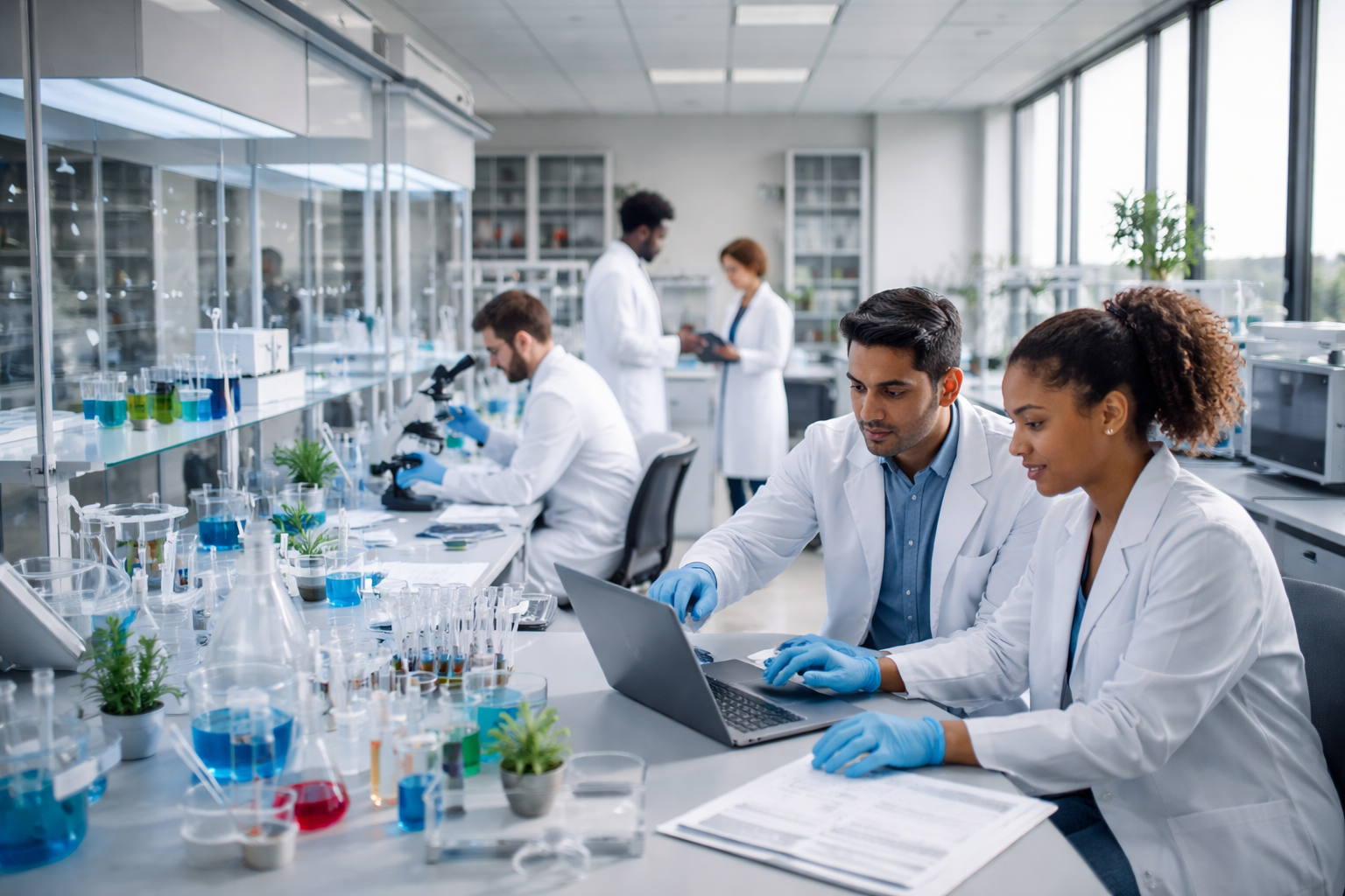 Scientists Working in Modern Biotech Lab