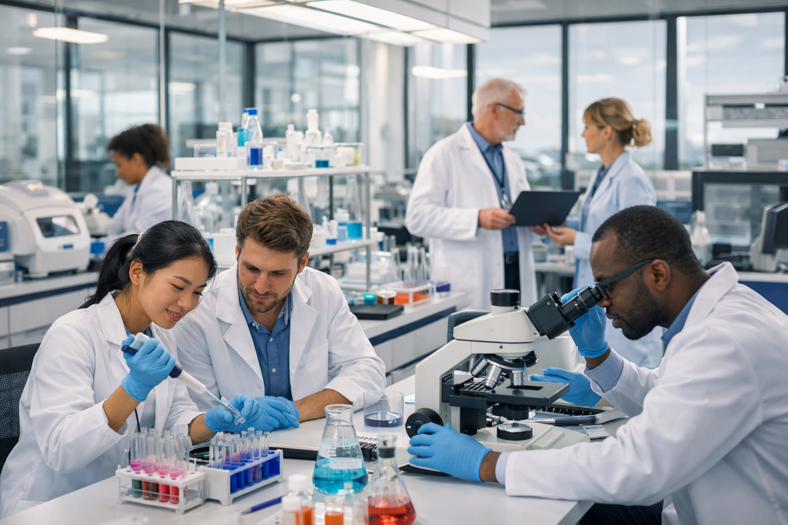 Scientists Collaborating in Shared Biotech Lab
