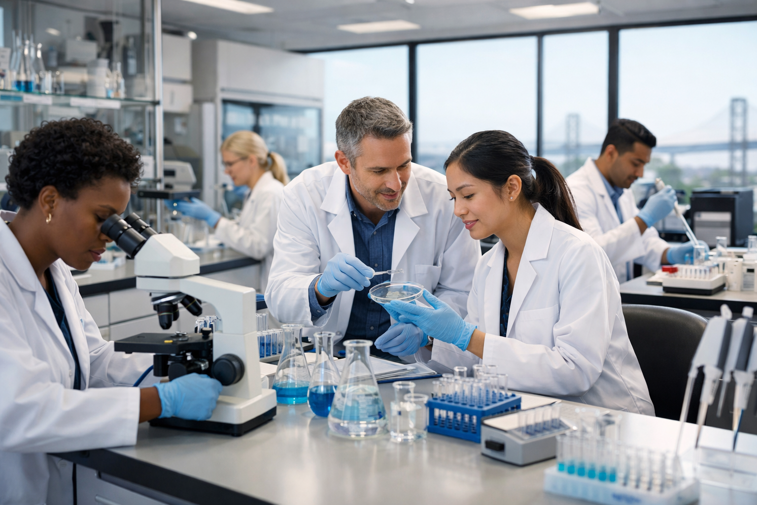 Scientists Collaborating in Modern Biotech Incubator