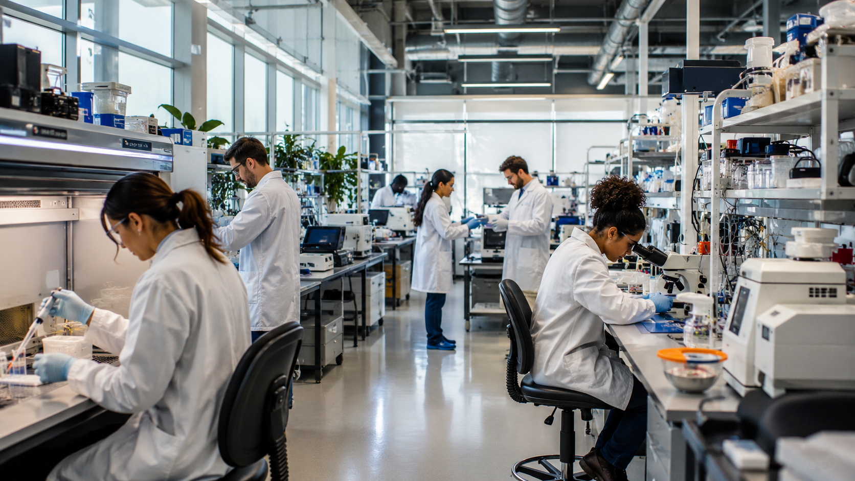 Scientists Collaborating in Shared Biotechnology Laboratory
