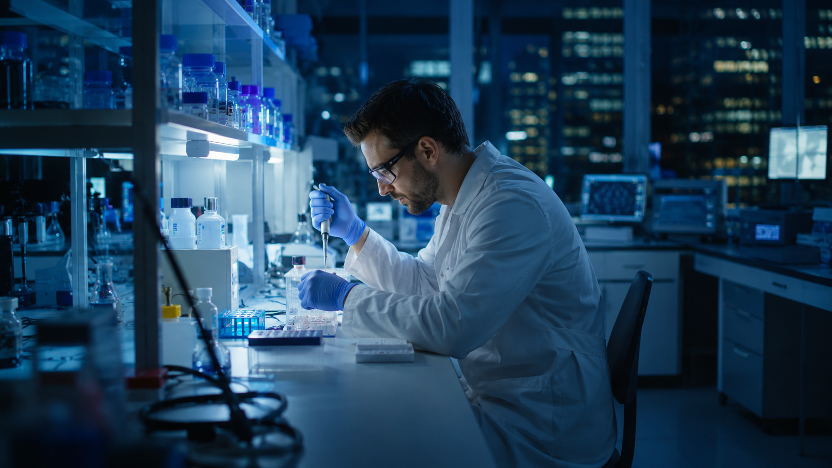 Late-Night Research in a Modern Biotech Lab