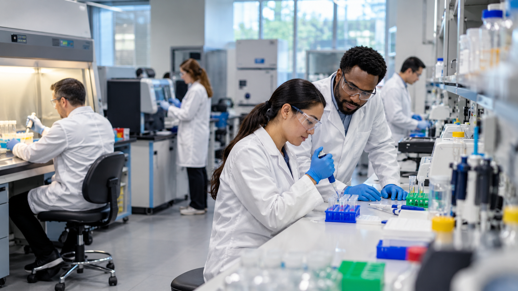 Biotech Researchers Using Shared Laboratory Equipment
